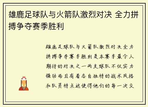 雄鹿足球队与火箭队激烈对决 全力拼搏争夺赛季胜利
