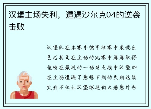 汉堡主场失利，遭遇沙尔克04的逆袭击败