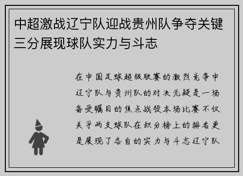 中超激战辽宁队迎战贵州队争夺关键三分展现球队实力与斗志