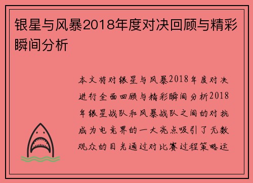 银星与风暴2018年度对决回顾与精彩瞬间分析