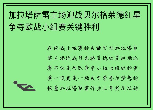 加拉塔萨雷主场迎战贝尔格莱德红星争夺欧战小组赛关键胜利