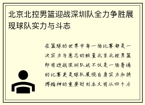 北京北控男篮迎战深圳队全力争胜展现球队实力与斗志