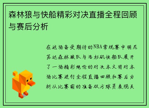 森林狼与快船精彩对决直播全程回顾与赛后分析