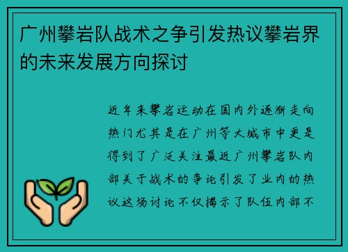 广州攀岩队战术之争引发热议攀岩界的未来发展方向探讨