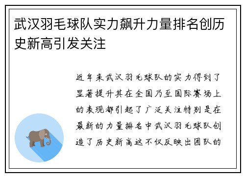 武汉羽毛球队实力飙升力量排名创历史新高引发关注