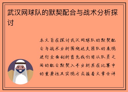 武汉网球队的默契配合与战术分析探讨
