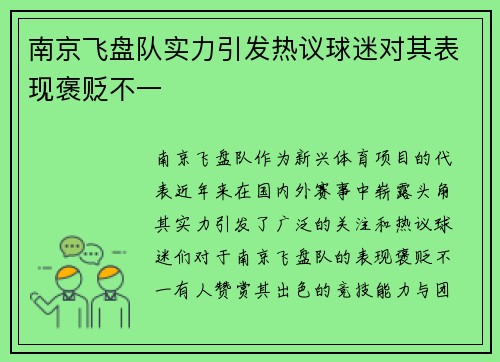 南京飞盘队实力引发热议球迷对其表现褒贬不一